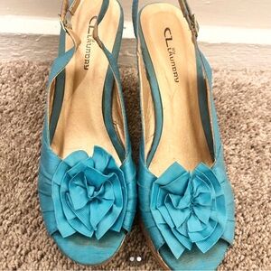 CL by Laundry Teal Peep-Toe Wedge Slingbacks with Flower Rosette